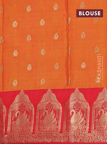 Semi raw silk saree dual shade of orange and red with allover kalamkari prints & 1000 zari buttas and zari woven butta border