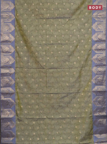 Semi raw silk saree elaichi green and grey with allover kalamkari prints & 1000 zari buttas and zari woven butta border
