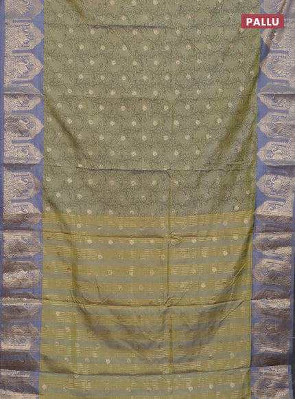 Semi raw silk saree elaichi green and grey with allover kalamkari prints & 1000 zari buttas and zari woven butta border