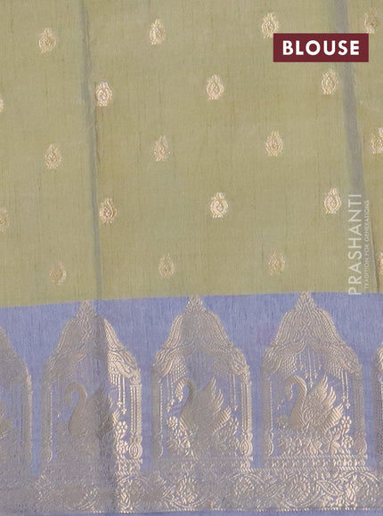 Semi raw silk saree elaichi green and grey with allover kalamkari prints & 1000 zari buttas and zari woven butta border