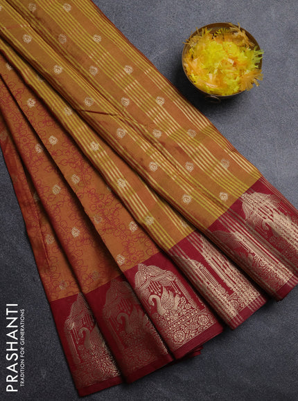 Semi raw silk saree dark mustard and maroon with allover kalamkari prints & 1000 zari buttas and zari woven butta border