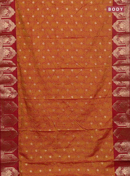 Semi raw silk saree dark mustard and maroon with allover kalamkari prints & 1000 zari buttas and zari woven butta border