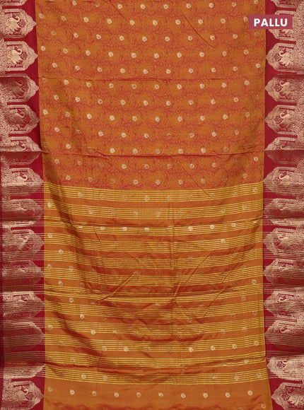 Semi raw silk saree dark mustard and maroon with allover kalamkari prints & 1000 zari buttas and zari woven butta border