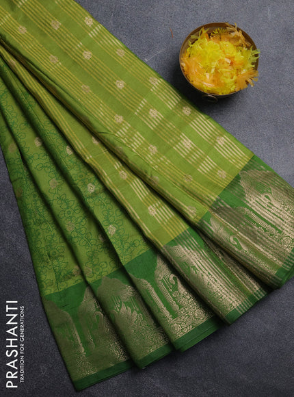 Semi raw silk saree light green and green with allover kalamkari prints & 1000 zari buttas and zari woven butta border