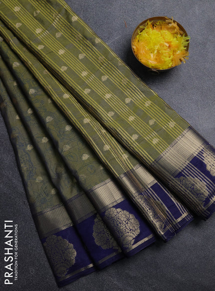 Semi raw silk saree mehendi green and navy blue with allover kalamkari prints & 1000 zari buttas and zari woven butta border