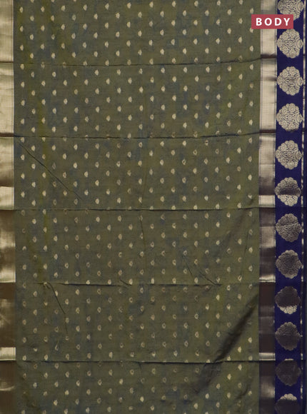 Semi raw silk saree mehendi green and navy blue with allover kalamkari prints & 1000 zari buttas and zari woven butta border