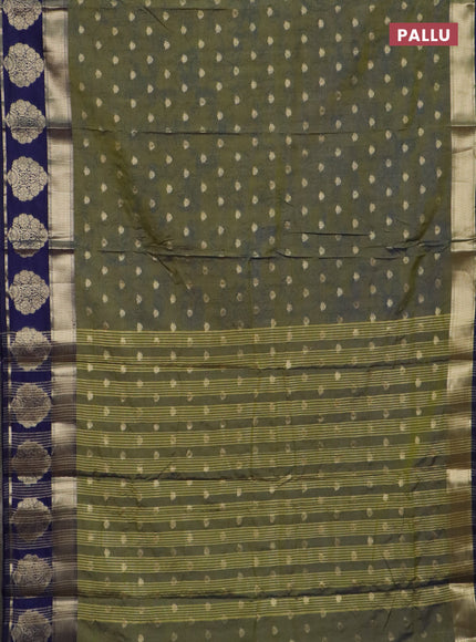 Semi raw silk saree mehendi green and navy blue with allover kalamkari prints & 1000 zari buttas and zari woven butta border