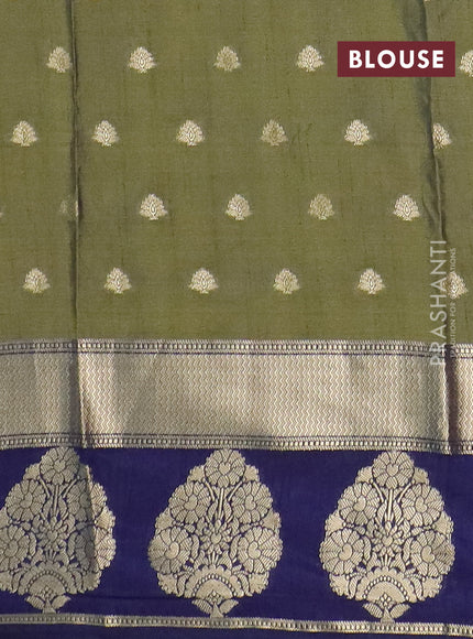 Semi raw silk saree mehendi green and navy blue with allover kalamkari prints & 1000 zari buttas and zari woven butta border