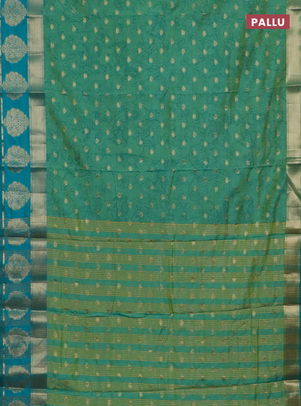 Semi raw silk saree dual shade of teal bluish green and teal green with allover kalamkari prints & 1000 zari buttas and zari woven butta border