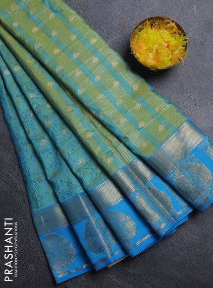 Semi raw silk saree dual shade teal blue and cs blue with allover kalamkari prints & 1000 zari buttas and zari woven butta border