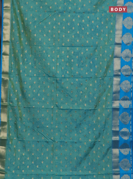 Semi raw silk saree dual shade teal blue and cs blue with allover kalamkari prints & 1000 zari buttas and zari woven butta border