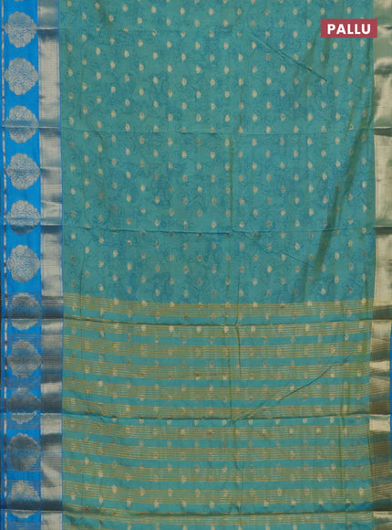 Semi raw silk saree dual shade teal blue and cs blue with allover kalamkari prints & 1000 zari buttas and zari woven butta border