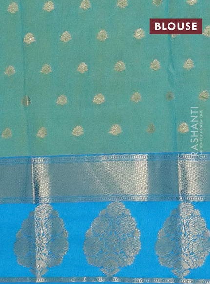 Semi raw silk saree dual shade teal blue and cs blue with allover kalamkari prints & 1000 zari buttas and zari woven butta border