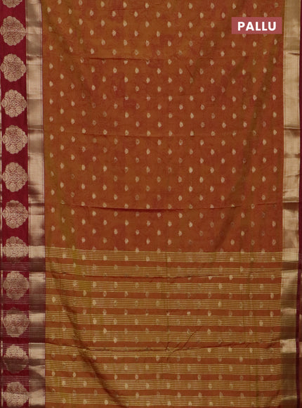 Semi raw silk saree dual shade of dark mustard and maroon with allover kalamkari prints & 1000 zari buttas and zari woven butta border
