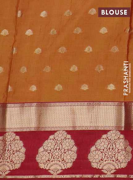 Semi raw silk saree dual shade of dark mustard and maroon with allover kalamkari prints & 1000 zari buttas and zari woven butta border