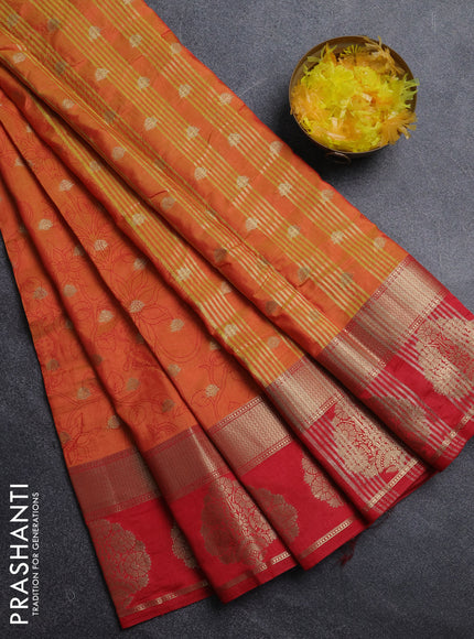 Semi raw silk saree dual shade of orange and red with allover kalamkari prints & 1000 zari buttas and zari woven butta border