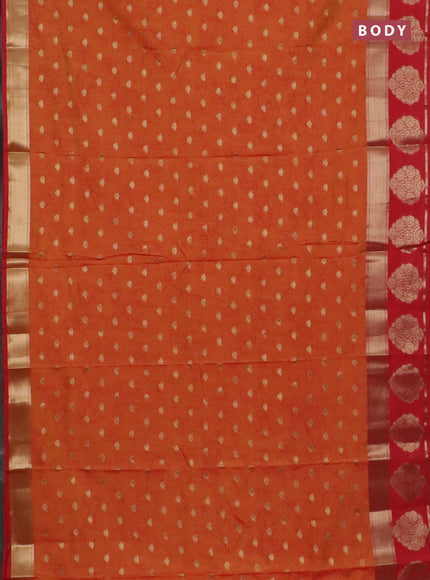 Semi raw silk saree dual shade of orange and red with allover kalamkari prints & 1000 zari buttas and zari woven butta border