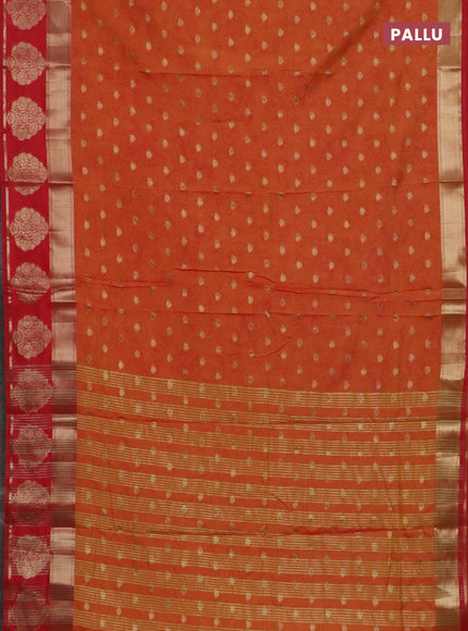 Semi raw silk saree dual shade of orange and red with allover kalamkari prints & 1000 zari buttas and zari woven butta border