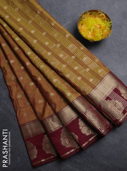 Semi raw silk saree dark mustard and wine shade with allover kalamkari prints & 1000 zari buttas and zari woven butta border