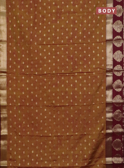 Semi raw silk saree dark mustard and wine shade with allover kalamkari prints & 1000 zari buttas and zari woven butta border