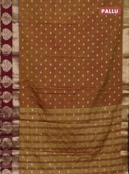 Semi raw silk saree dark mustard and wine shade with allover kalamkari prints & 1000 zari buttas and zari woven butta border