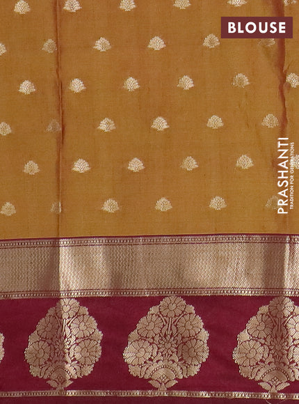 Semi raw silk saree dark mustard and wine shade with allover kalamkari prints & 1000 zari buttas and zari woven butta border