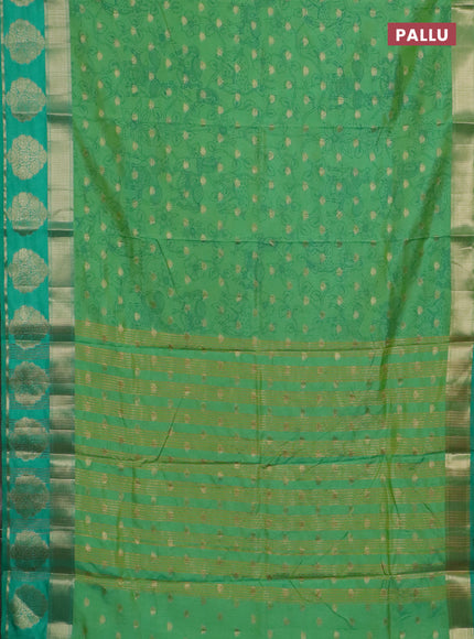 Semi raw silk saree dual shade of teal green and teal green with allover kalamkari prints & 1000 zari buttas and zari woven butta border
