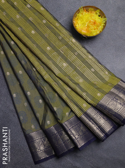 Semi raw silk saree mehendi green and navy blue with allover floral butta prints & 1000 zari buttas and zari woven border