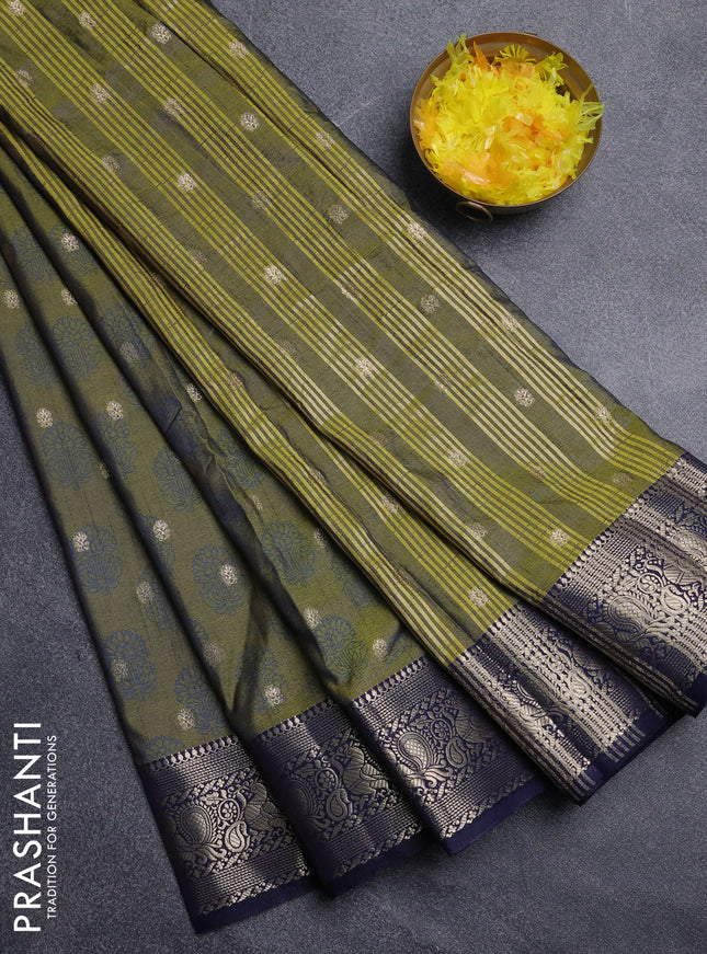 Semi raw silk saree mehendi green and navy blue with allover floral butta prints & 1000 zari buttas and zari woven border