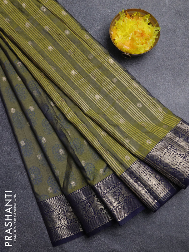 Semi raw silk saree mehendi green and navy blue with allover floral butta prints & 1000 zari buttas and zari woven border