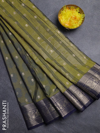 Semi raw silk saree mehendi green and navy blue with allover floral butta prints & 1000 zari buttas and zari woven border