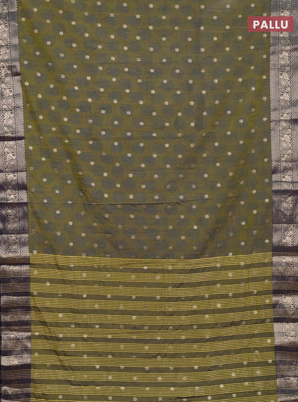 Semi raw silk saree mehendi green and navy blue with allover floral butta prints & 1000 zari buttas and zari woven border