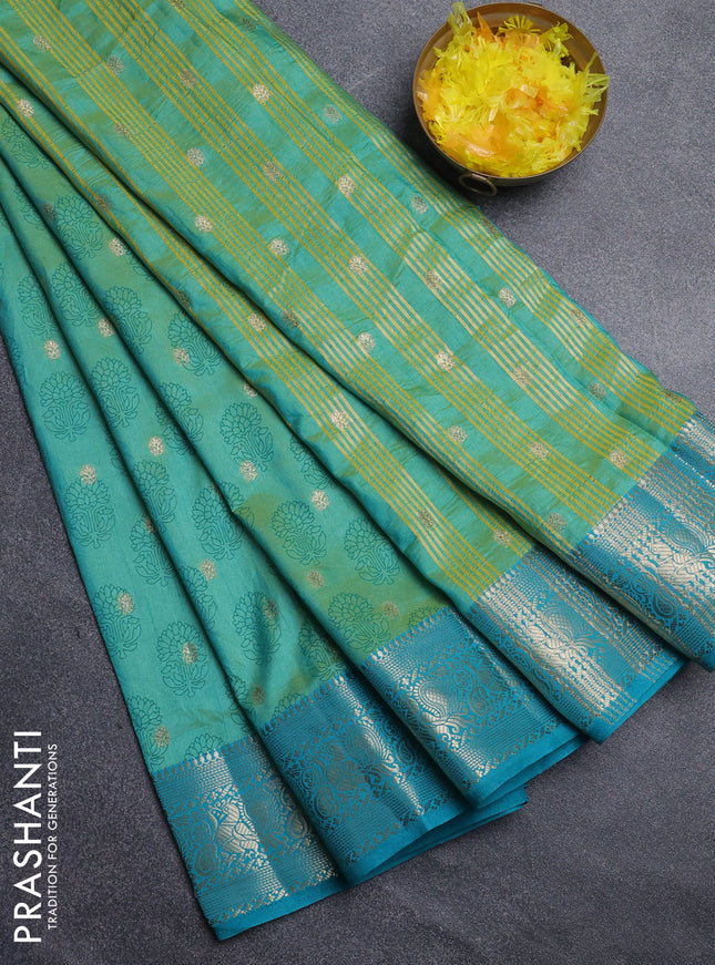 Semi raw silk saree dual shade of teal blue and teal blue with allover floral butta prints & 1000 zari buttas and zari woven border
