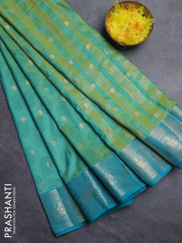Semi raw silk saree dual shade of teal blue and teal blue with allover floral butta prints & 1000 zari buttas and zari woven border