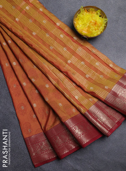 Semi raw silk saree dual shade of dark mustard and maroon with allover floral butta prints & 1000 zari buttas and zari woven border