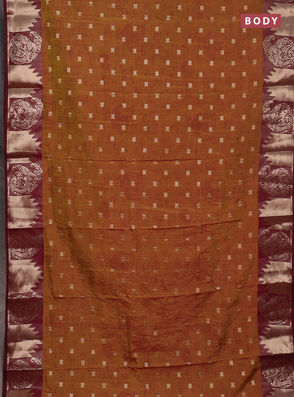 Semi raw silk saree dual shade of dark mustard green and wine shade with allover kalamkari prints & 1000 zari buttas and zari woven border