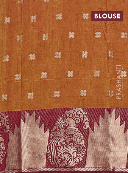 Semi raw silk saree dual shade of dark mustard green and wine shade with allover kalamkari prints & 1000 zari buttas and zari woven border