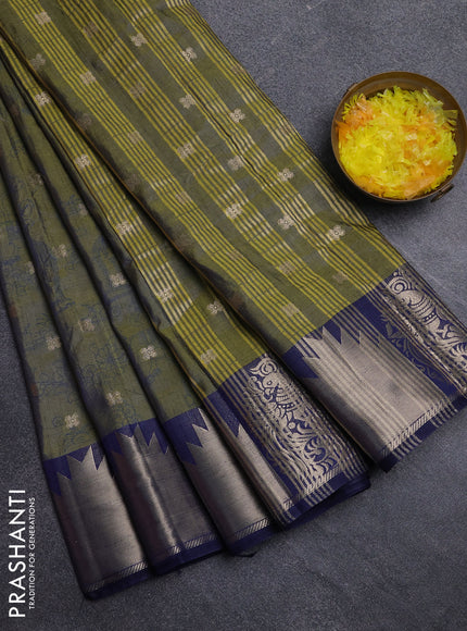 Semi raw silk saree mehendi green and navy blue with allover kalamkari prints & 1000 zari buttas and zari woven border