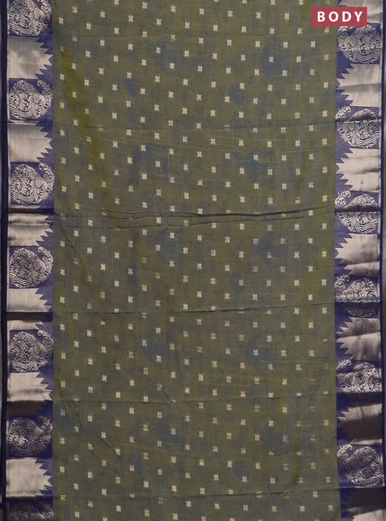 Semi raw silk saree mehendi green and navy blue with allover kalamkari prints & 1000 zari buttas and zari woven border