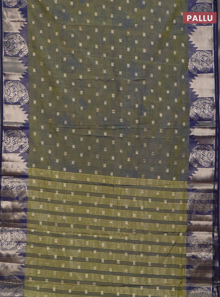 Semi raw silk saree mehendi green and navy blue with allover kalamkari prints & 1000 zari buttas and zari woven border