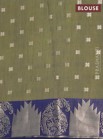 Semi raw silk saree mehendi green and navy blue with allover kalamkari prints & 1000 zari buttas and zari woven border