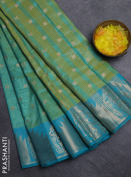 Semi raw silk saree dual shade of teal bluish green and teal blue with allover kalamkari prints & 1000 zari buttas and zari woven border