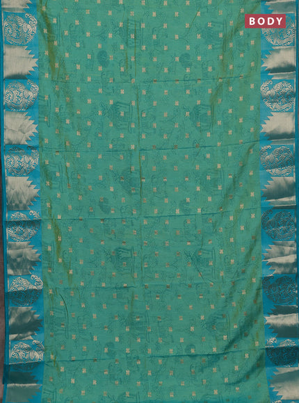 Semi raw silk saree dual shade of teal bluish green and teal blue with allover kalamkari prints & 1000 zari buttas and zari woven border