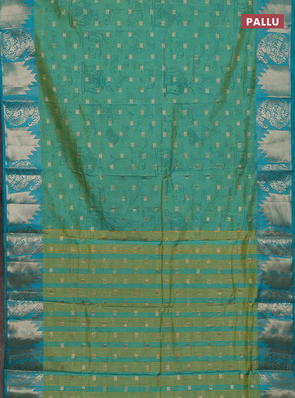 Semi raw silk saree dual shade of teal bluish green and teal blue with allover kalamkari prints & 1000 zari buttas and zari woven border