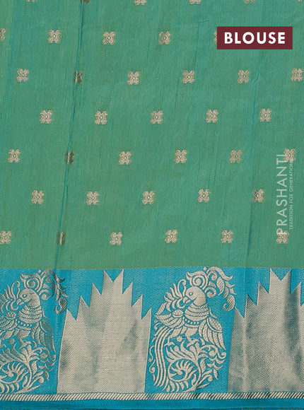 Semi raw silk saree dual shade of teal bluish green and teal blue with allover kalamkari prints & 1000 zari buttas and zari woven border