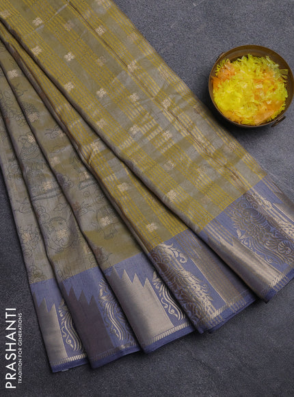 Semi raw silk saree elaichi green and grey with allover kalamkari prints & 1000 zari buttas and zari woven border