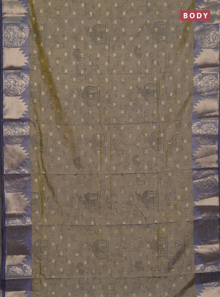 Semi raw silk saree elaichi green and grey with allover kalamkari prints & 1000 zari buttas and zari woven border