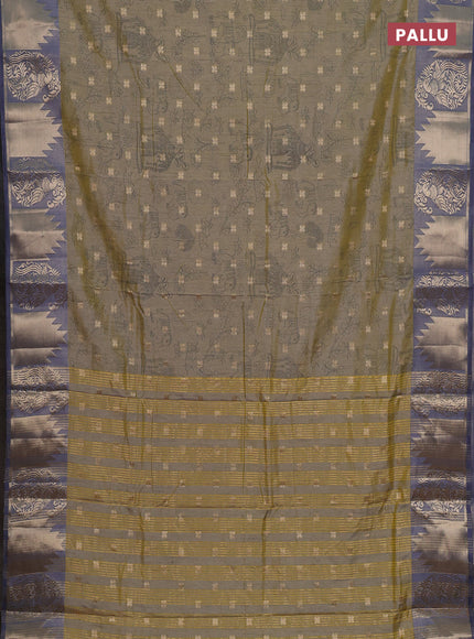 Semi raw silk saree elaichi green and grey with allover kalamkari prints & 1000 zari buttas and zari woven border