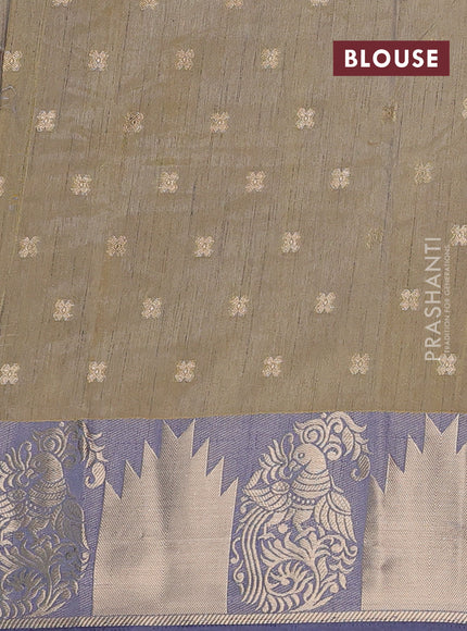 Semi raw silk saree elaichi green and grey with allover kalamkari prints & 1000 zari buttas and zari woven border