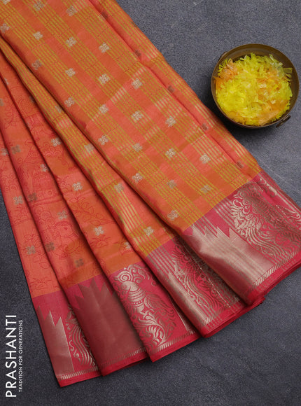 Semi raw silk saree dual shade of orange and peach pink with allover kalamkari prints & 1000 zari buttas and zari woven border